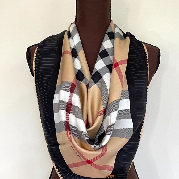 NWT Burberry Beige Check Black Border Silk Scarf - Picture 10 of 16